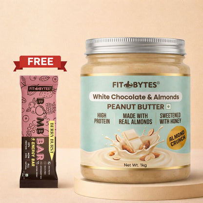 Fitbytes White Chocolate & Almonds Peanut Butter – 1kg + FREE Berry Burst Bomb Bar