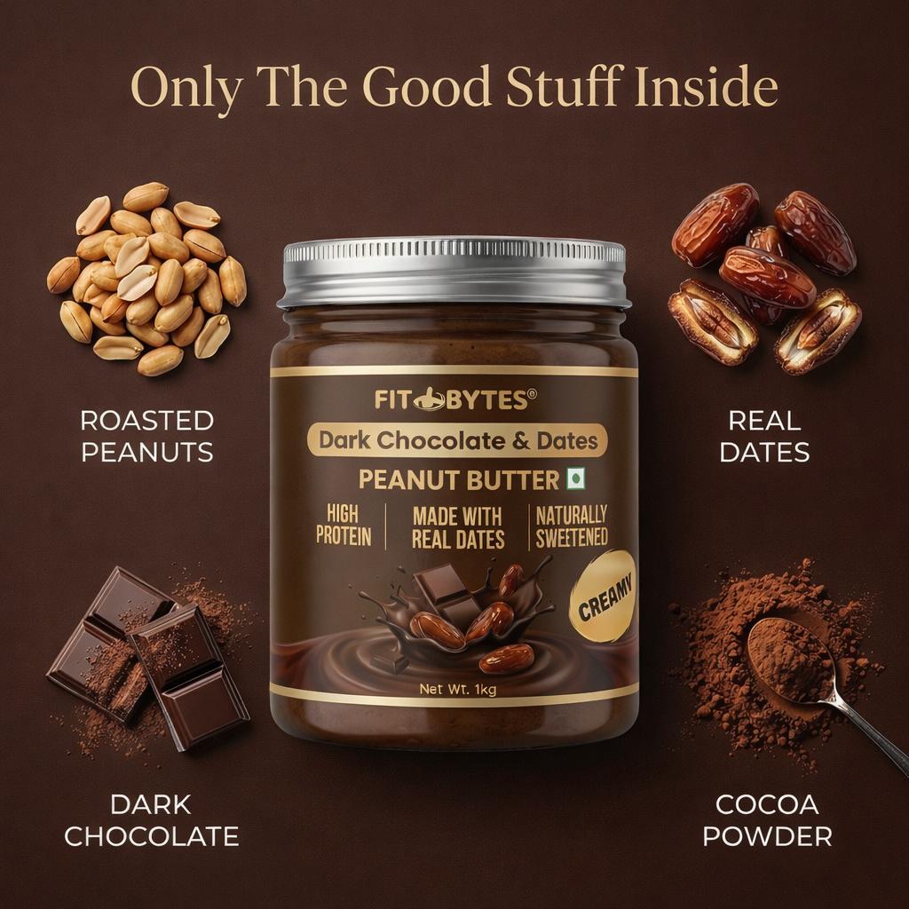 Fitbytes Dark Chocolate & Dates Peanut Butter – 1000g + FREE Nutty Seeds Bomb Bar