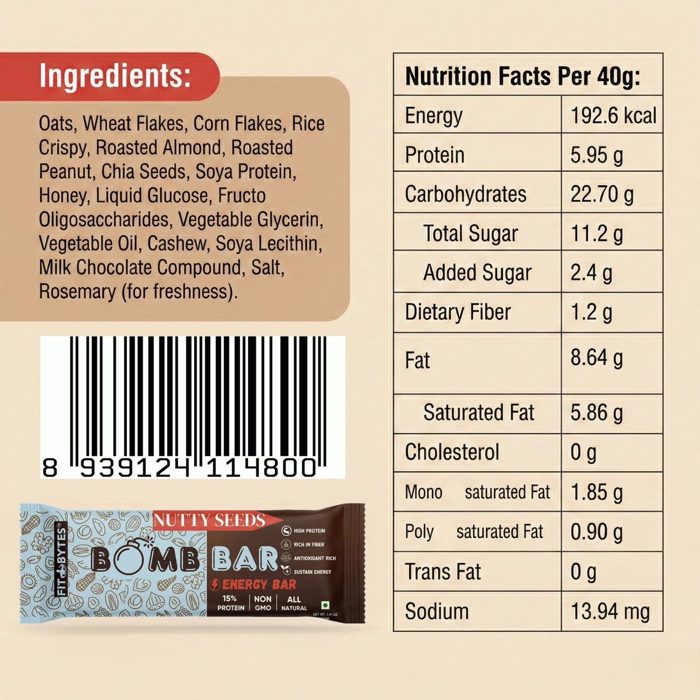 Fitbytes Nutty Seeds Bomb Bar – 40g (Pack of 12 bars)