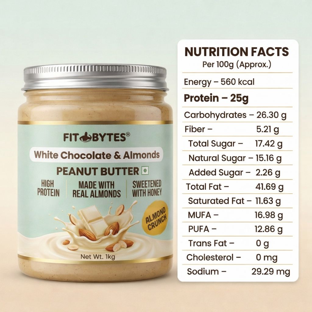 Fitbytes White Chocolate & Almonds Peanut Butter – 1kg + FREE Berry Burst Bomb Bar