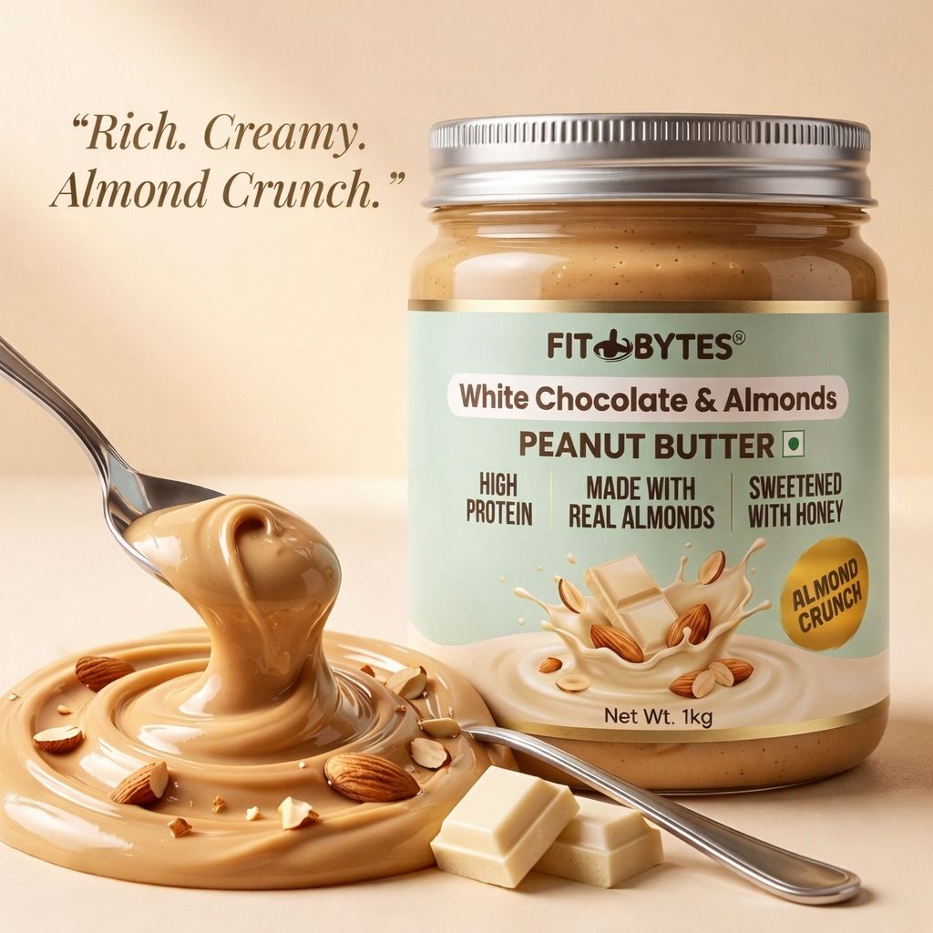 Fitbytes White Chocolate & Almonds Peanut Butter – 1kg + FREE Berry Burst Bomb Bar