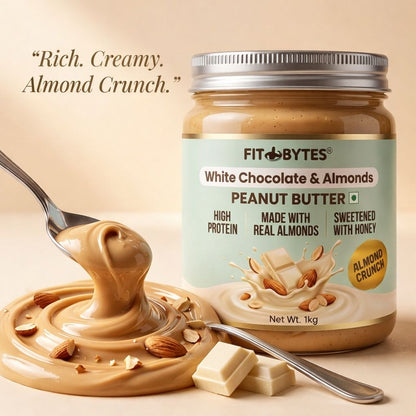 Fitbytes White Chocolate & Almonds Peanut Butter – 1kg + FREE Berry Burst Bomb Bar