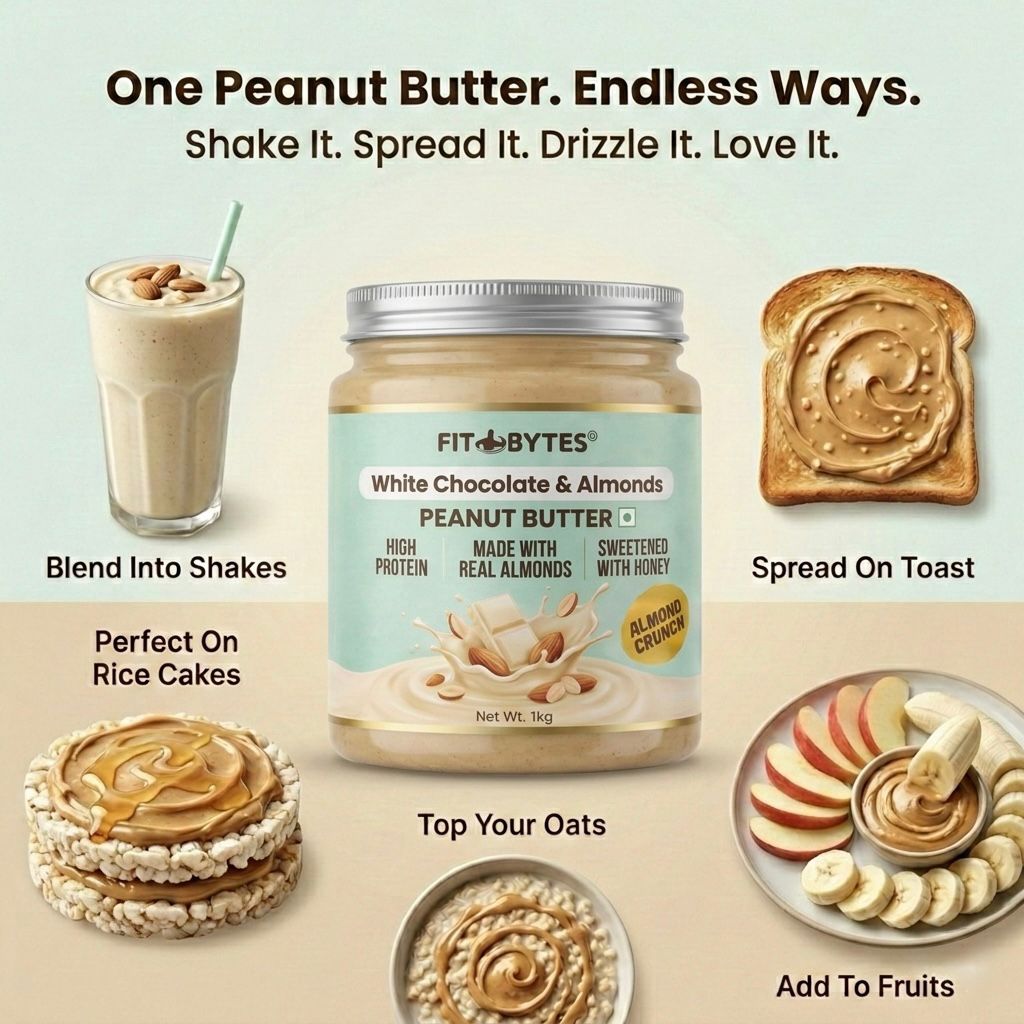 Fitbytes White Chocolate & Almonds Peanut Butter – 1kg + FREE Berry Burst Bomb Bar