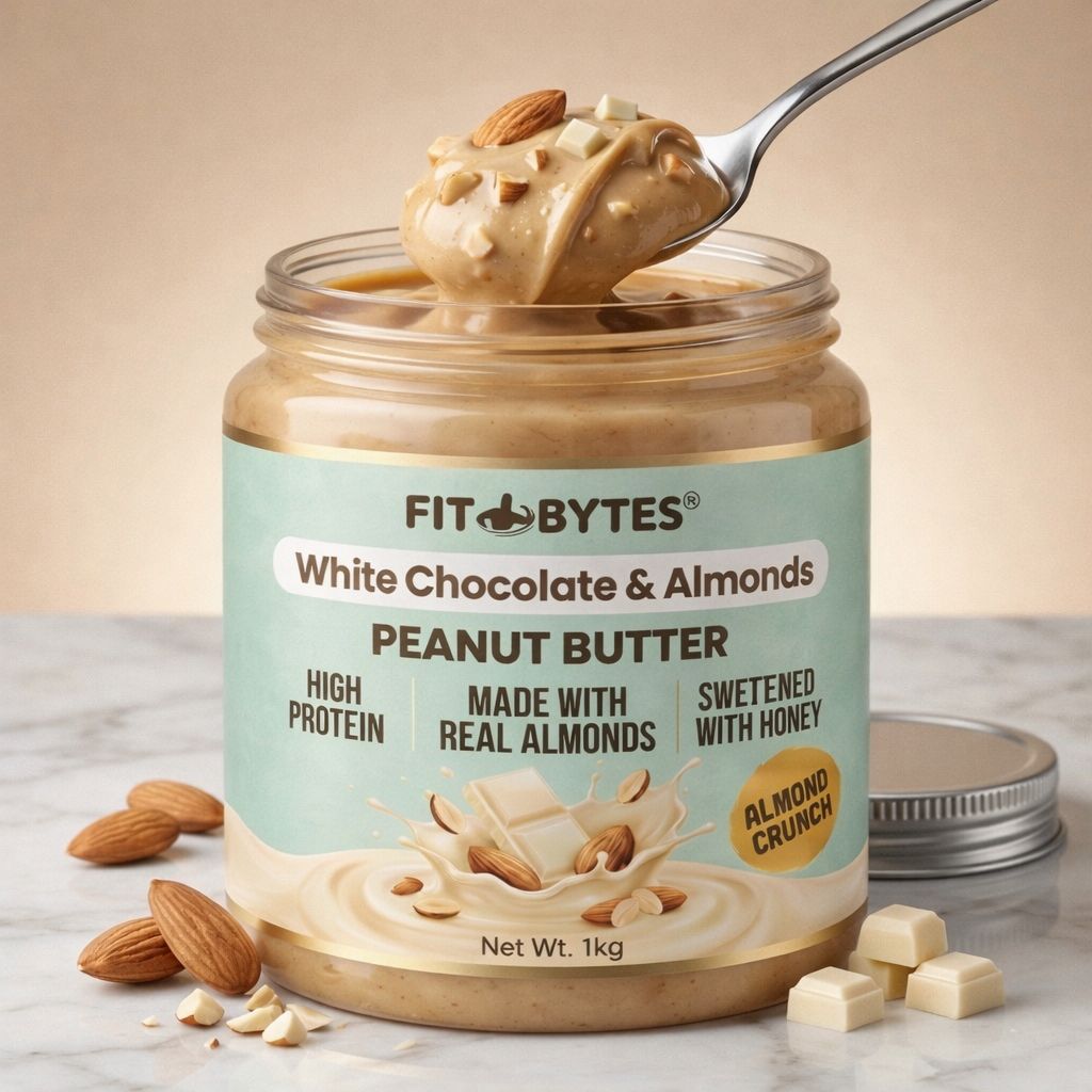 Fitbytes White Chocolate & Almonds Peanut Butter – 1kg + FREE Berry Burst Bomb Bar