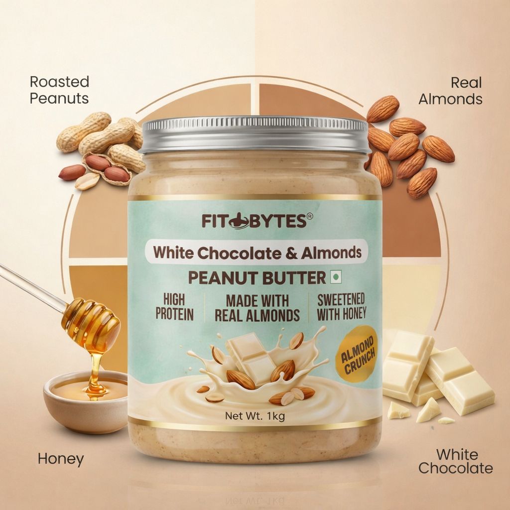 Fitbytes White Chocolate & Almonds Peanut Butter – 1kg + FREE Berry Burst Bomb Bar