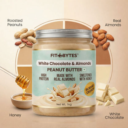 Fitbytes White Chocolate & Almonds Peanut Butter – 1kg + FREE Berry Burst Bomb Bar