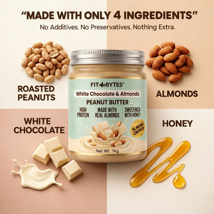 Fitbytes White Chocolate & Almonds Peanut Butter – 1kg + FREE Berry Burst Bomb Bar